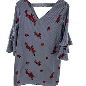 Max Sport Blue and White Tiered Bell Sleeve Shift Dress Womens Size Small